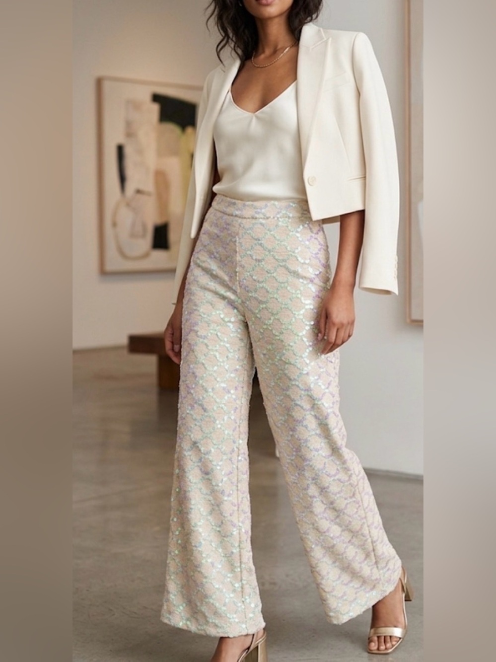 Anthropologie Pale pink Iridescent Sequin Wide-Leg Pants
